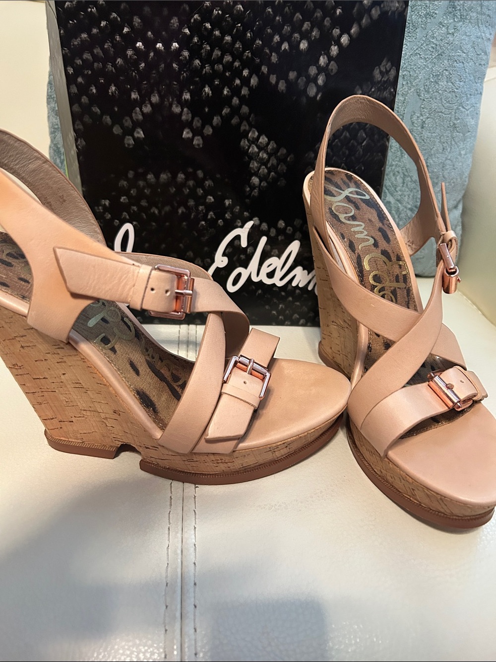 Sam Edelman Blush Tan Leather Cork Wedge Sandals